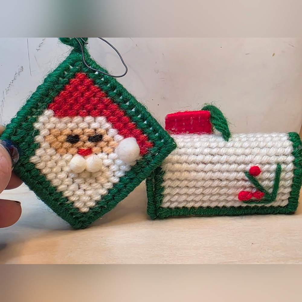 Crochet Santa Face And Christmas Mailbox Handmade Ornaments VTG